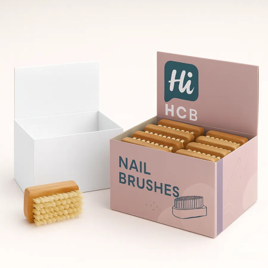 A large pink branded counter display box filled with wooden-handled natural bristle nail brushes- class=